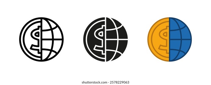 Global economics icon. Worldwide business network symbol. Half coin and globe vector illustration. International commerce sign. Cyberspace online banking pictogram. Dollar world currency influence.