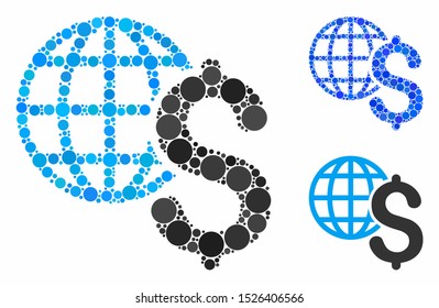 Global economics mosaic for global economics icon of small circles in different sizes and color tints. Vector filled circles are united into blue mosaic.