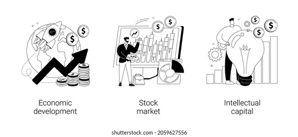 Global economy abstract concept vector illustration set. Economic development, stock market index, intellectual capital, financial institution, exchange rate, money investment abstract metaphor.