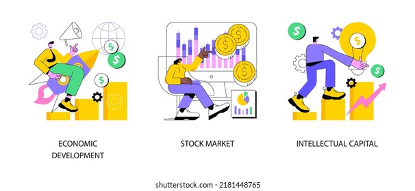 Global economy abstract concept vector illustration set. Economic development, stock market index, intellectual capital, financial institution, exchange rate, money investment abstract metaphor.