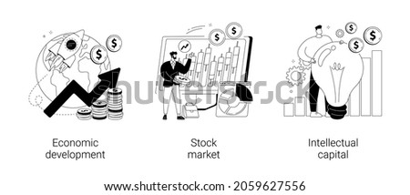 Vector Global economy abstract concept vector illustration set. Economic development, stock market index, intellectual capital, financial institution, exchange rate, money investment abstract metaphor.