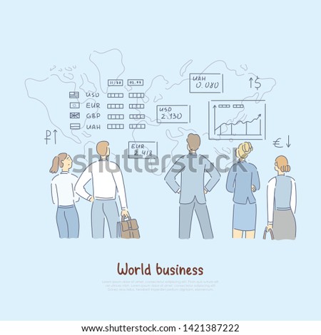 Global economy analytics, finance experts analysing word business rates, foreign currency stability banner