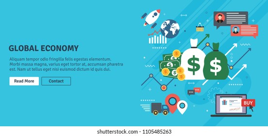 Global economy, business chart and trade success. Money and success in startup. Finance, business, startup and e-commerce icons, chart and data. Flat design vector illustration.