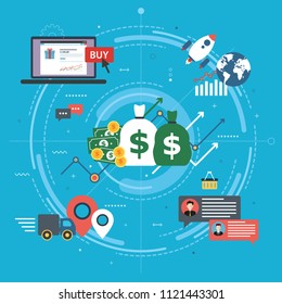 Global economy, business chart and trade success. Money and success in startup. Finance, business, startup and e-commerce icons, chart and data. Flat design vector illustration.