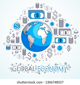 Global economy concept, planet earth with dollar icons set, international business, currency exchange, internet global network connection, vector, elements can be used separately.