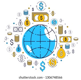 Global economy concept, planet earth with dollar icons set, international business, currency exchange, internet global network connection, vector, elements can be used separately.