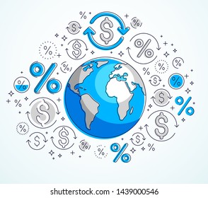 Global economy concept, planet earth with dollar icons set, international business, currency exchange, internet global network connection, vector, elements can be used separately.