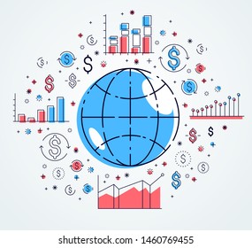Global economy concept, planet earth with dollar icons set, international business, currency exchange, internet global network connection, vector, elements can be used separately.