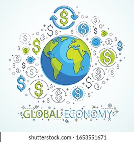 Global economy concept, planet earth with dollar icons set, international business, currency exchange, internet global network connection, vector, elements can be used separately.