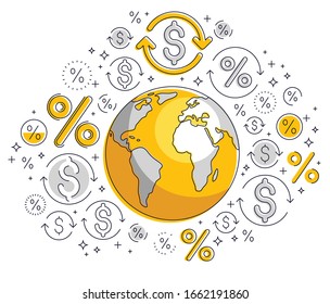 Global economy concept, planet earth with dollar icons set, international business, currency exchange, internet global network connection, vector, elements can be used separately.