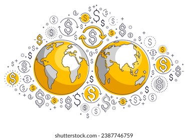 Global economy concept, planet earth with dollar icons set, international business, currency exchange, internet global network connection, vector, elements can be used separately.
