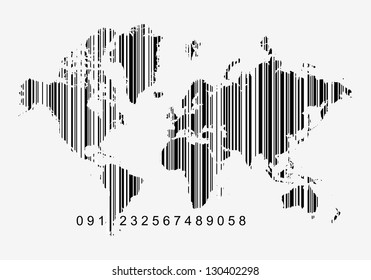 Global economy concept, world map as a bar code - white bars can be opaque or transparent just toggle layer on or off