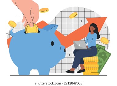 Global Economy concept. Young girl sits with laptop on stack of gold coins. Financial literacy and passive income. Talented investor or entrepreneur, freelancer. Cartoon flat vector illustration