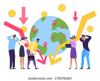 Global economy crisis, currency collapse concept vector illustration. Falling chart global economy, planet with marked places. Man and woman observe drop in production during quarantine.
