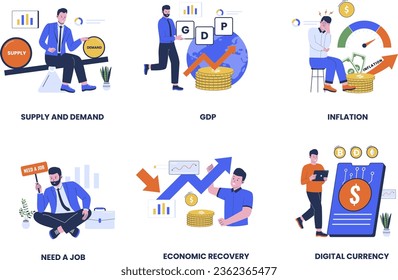 Global economy development illustration collection set. Supply and demand, gross domestic product, inflation, economic recovery, Unemployment. Flat design illustration