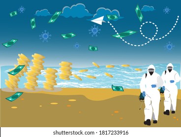 The global economy is disrupted, tourism stagnation, measures to prevent the epidemic of COVID 19. Losing money from the business system. vector illustration