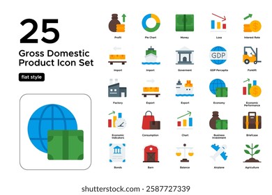 Global Economy and GDP. Financial Statistics, Business Growth, and Economic Analysis Icons. Vector Illustration.