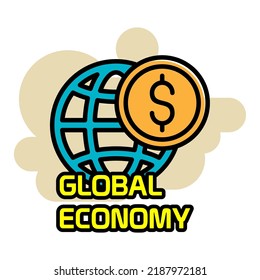 Global Economy Icon. Sticker Design In Flat Color.