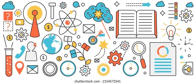 Global Economy, Science And Education Research. Abstract Globe With Digital Data Processing Technology, Learning And Lightbulb Creative Objects In Infographic Concept Banner, Thin Line Art Design