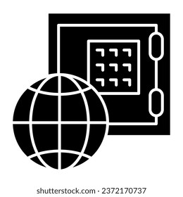 Global economy solid icon. Safe box and planet vector illustration isolated on white. Savings protection glyph style design, designed for web and app. Eps 10