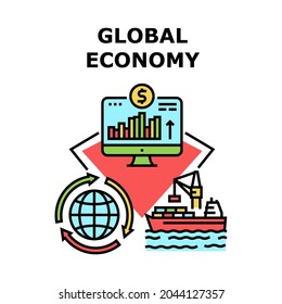 Global Economy Vector Icon Concept. Global Economy And International Business. Shipment And Trade Market Internet Financial Fund. World Electronic Commerce And Partnership Color Illustration