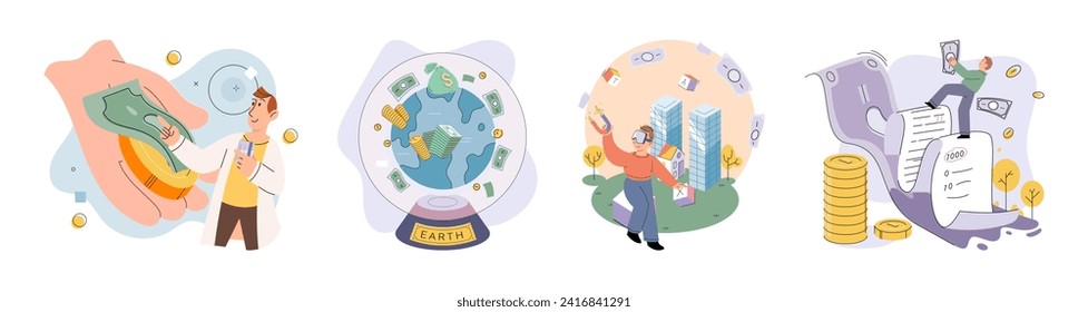 Global economy vector illustration. Wealth creation in global context necessitates meticulous accounting for international markets Continuous improvement strategies drive success in ever-evolving