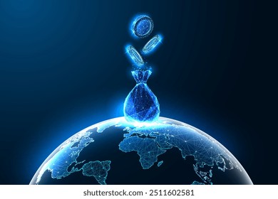 Economía global, concepto abstracto de capital mundial con bolsa de dinero en el planeta Tierra sobre fondo azul oscuro. Finanzas internacionales, riqueza e inversión. Brillante Ilustración vectorial de diseño poligonal bajo