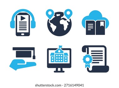 Conjunto de iconos de Educación y certificación global. Iconos de la serie de glifos sólidos