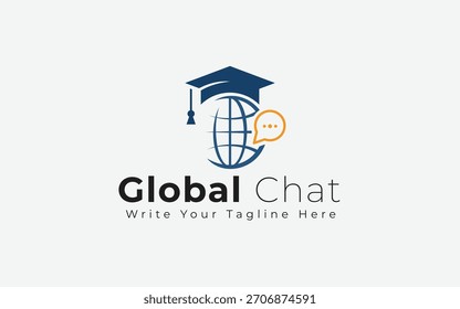 Ilustración global del logotipo del Vector del chat de Educación, globo mundial con el casquillo de la graduación y el icono de la burbuja del discurso