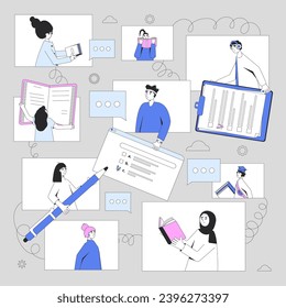 Global education community concept. Online learning for grown-ups. Students preparing to take an exam together. Remote learning. Vector colorful outline illustration.