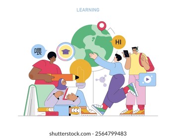 Global education concept. Diverse students engaging with digital tools and global knowledge. Multicultural exchange and e-learning. Vector illustration.