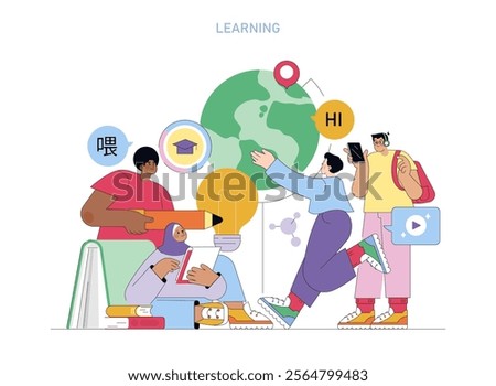 Global education concept. Diverse students engaging with digital tools and global knowledge. Multicultural exchange and e-learning. Vector illustration.