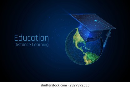 global education concept   graduation cap on earth globe (e-learning concept).  on dark blue background at low poly and wireframe style. dots. triangle. vector illustration