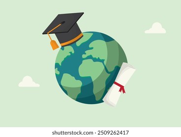 Conceito de Educação Global com Cap de Graduação e Diploma na Ilustração da Terra