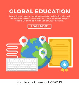 Global education, e-learning. Modern concepts, flat icons set and graphic elements for web banners, web design, infographics, printed materials. Creative flat design vector illustration
