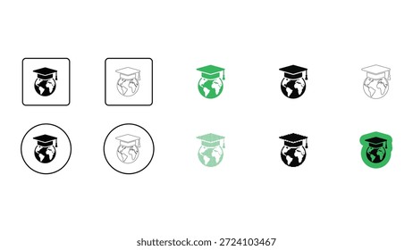 Globale Ausbildung Graduierung Welt Lernen Symbol-Set in durchgezogene Linie Punkt pixelated bunte Stile für akademische Konzepte erstellt.