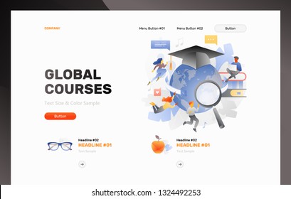 Global education header template with students studying online among books and globe in graduation cap. Web page header layout for online courses and web schools. 