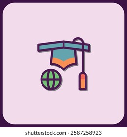 Global Education Icon: Graduation Cap, World, and Scroll