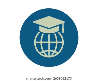 Global education icon, graduation cap on a world globe, symbolizing international learning.