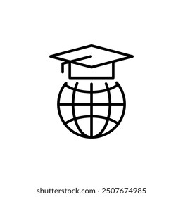 Global education icon. An outline icon depicting a graduation cap placed on a globe. Perfect for use in educational materials, e-learning platforms, global study programs. Vector illustration