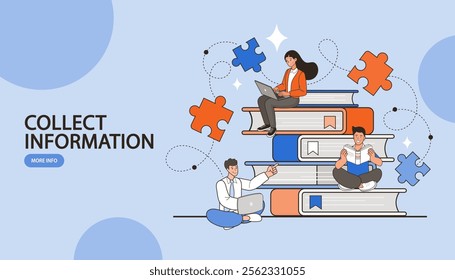 Global Education and ideas success . Knowledge business education concept. Girl and books. Puzzles and Reading book for self skill career development. characters students with book. vector flat.