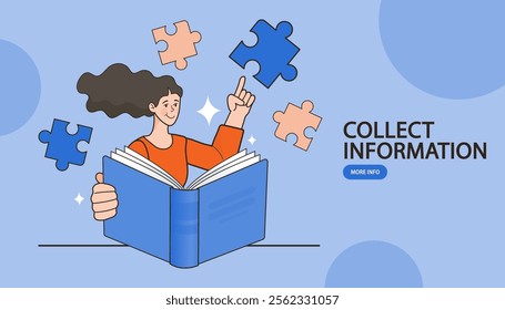 Global Education and ideas success . Knowledge business education concept. Girl and books. Puzzles and Reading book for self skill career development. characters students with book. vector flat.