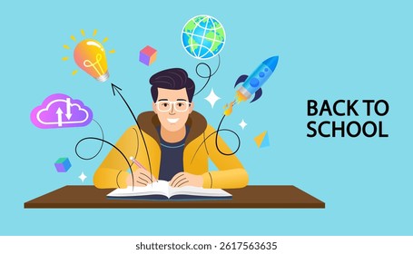 Global Education and ideas success . Knowledge business education concept. Girl and books. Puzzles and Reading book for self skill career development. characters students with book. vector flat.