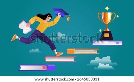 Global Education and ideas success . Knowledge business education concept. Girl and books. Puzzles and Reading book for self skill career development. characters students with book. vector flat.