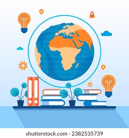 Global education illustration. globe, book, light bulb icon vector.