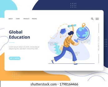 Global Education Illustration,the concept of E-Learning Education, can be used for landing pages, web, ui, banners, templates, backgrounds, flayer, posters, development.