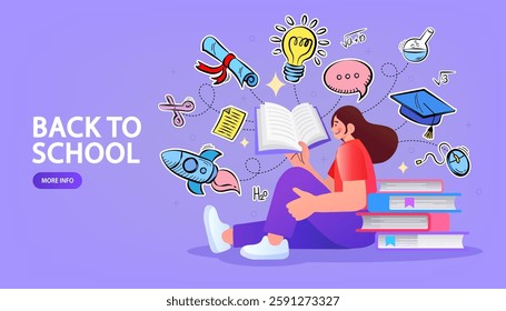 Global Education. Knowledge business education concept. Girl and books. Reading book for self skill career development. characters students with book. Study at the university. vector flat.