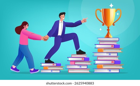 Global Education. Knowledge business education concept. Girl and books. Reading book for self skill career development. characters students with book. Study at the university. vector flat.