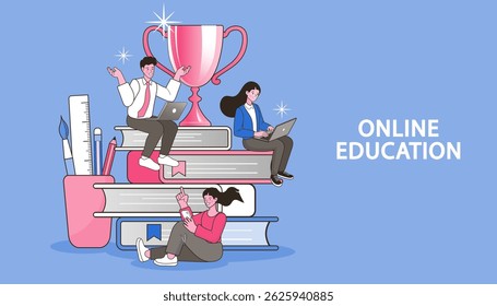Global Education. Knowledge business education concept. Girl and books. Reading book for self skill career development. characters students with book. Study at the university. vector flat.