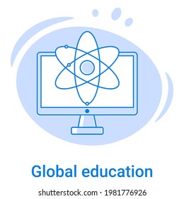 Global Education And Knowledge Sharing Icon.Advanced Training Courses And Video Lessons.Vector Illustration Of A Thin Line Icon On A Blue Background.